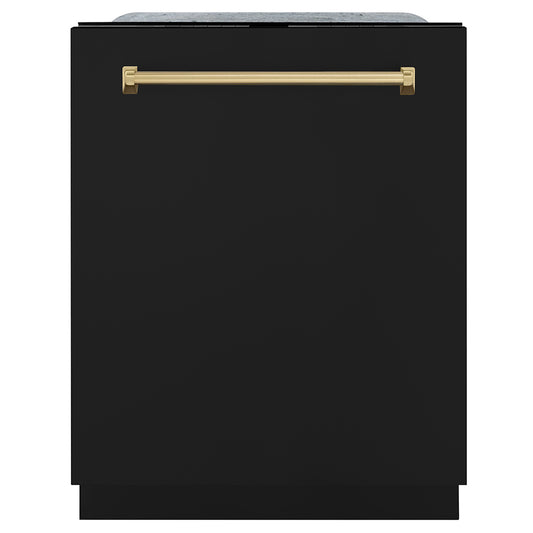 ZLINE Autograph Edition 24 in. Monument Series 3rd Rack Dishwasher with Auto Door Open Drying, 44dBa, Black Matte Panel with Champagne Bronze Handle (DWMTZ-BLM-24-CB)