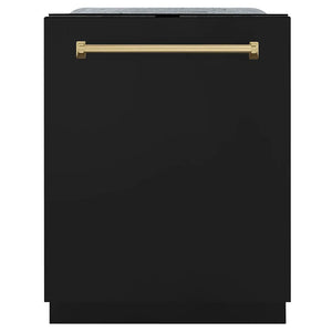 ZLINE Autograph Edition 24 in. Monument Series 3rd Rack Dishwasher with Auto Door Open Drying, 44dBa, Black Matte Panel with Champagne Bronze Handle (DWMTZ-BLM-24-CB) main image.