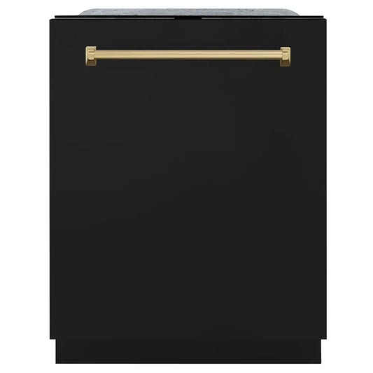 ZLINE Autograph Edition 24 in. Monument Series 3rd Rack Dishwasher with Auto Door Open Drying, 44dBa, Black Matte Panel with Champagne Bronze Handle (DWMTZ-BLM-24-CB) main image.