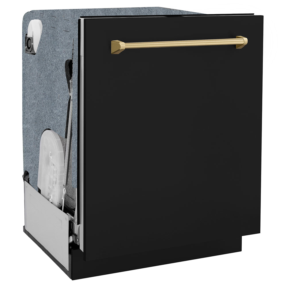 ZLINE Autograph Edition 24 in. Monument Series 3rd Rack Dishwasher with Auto Door Open Drying, 44dBa, Black Matte Panel with Champagne Bronze Handle (DWMTZ-BLM-24-CB) side, closed.