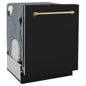 ZLINE Autograph Edition 24 in. Monument Series 3rd Rack Dishwasher with Auto Door Open Drying, 44dBa, Black Matte Panel with Champagne Bronze Handle (DWMTZ-BLM-24-CB) side, closed.