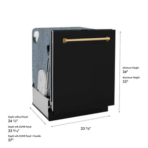 ZLINE Autograph Edition 24 in. Monument Series 3rd Rack Dishwasher with Auto Door Open Drying, 44dBa, Black Matte Panel with Polished Gold Handle (DWMTZ-BLM-24-G) dimensional diagram.