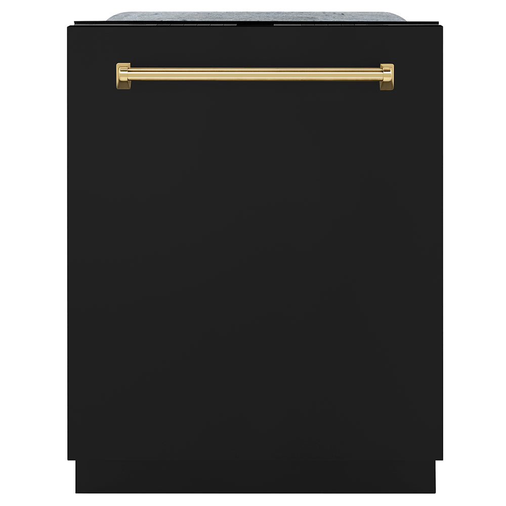 ZLINE Autograph Edition 24 in. Monument Series 3rd Rack Dishwasher with Auto Door Open Drying, 44dBa, Black Matte Panel with Polished Gold Handle (DWMTZ-BLM-24-G) front, closed.