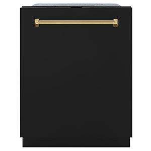 ZLINE Autograph Edition 24 in. Monument Series 3rd Rack Dishwasher with Auto Door Open Drying, 44dBa, Black Matte Panel with Polished Gold Handle (DWMTZ-BLM-24-G) front, closed.