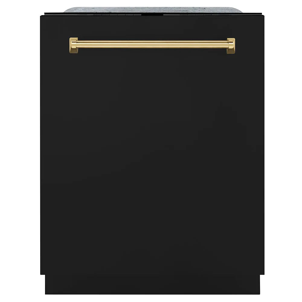 ZLINE Autograph Edition 24 in. Monument Series 3rd Rack Dishwasher with Auto Door Open Drying, 44dBa, Black Matte Panel with Polished Gold Handle (DWMTZ-BLM-24-G) main image.