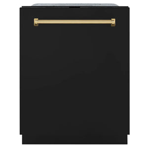 ZLINE Autograph Edition 24 in. Monument Series 3rd Rack Dishwasher with Auto Door Open Drying, 44dBa, Black Matte Panel with Polished Gold Handle (DWMTZ-BLM-24-G) main image.