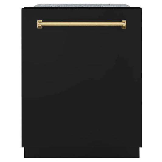 ZLINE Autograph Edition 24 in. Monument Series 3rd Rack Dishwasher with Auto Door Open Drying, 44dBa, Black Matte Panel with Polished Gold Handle (DWMTZ-BLM-24-G) main image.