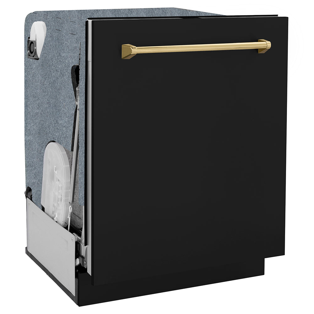 ZLINE Autograph Edition 24 in. Monument Series 3rd Rack Dishwasher with Auto Door Open Drying, 44dBa, Black Matte Panel with Polished Gold Handle (DWMTZ-BLM-24-G) side, closed.