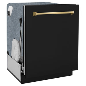 ZLINE Autograph Edition 24 in. Monument Series 3rd Rack Dishwasher with Auto Door Open Drying, 44dBa, Black Matte Panel with Polished Gold Handle (DWMTZ-BLM-24-G) side, closed.