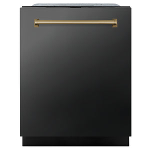 ZLINE Autograph Edition 24 in. Monument Series 3rd Rack Dishwasher with Auto Door Open Drying, 44dBa, Black Stainless Steel Panel with Champagne Bronze Handle (DWMTZ-BS-24-CB)