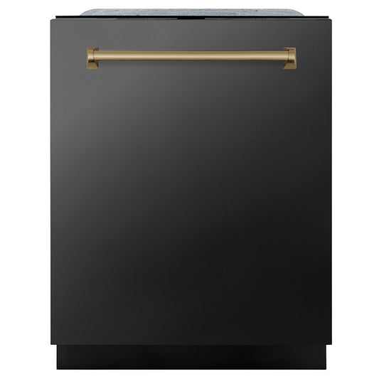 ZLINE Autograph Edition 24 in. Monument Series 3rd Rack Dishwasher with Auto Door Open Drying, 44dBa, Black Stainless Steel Panel with Champagne Bronze Handle (DWMTZ-BS-24-CB)