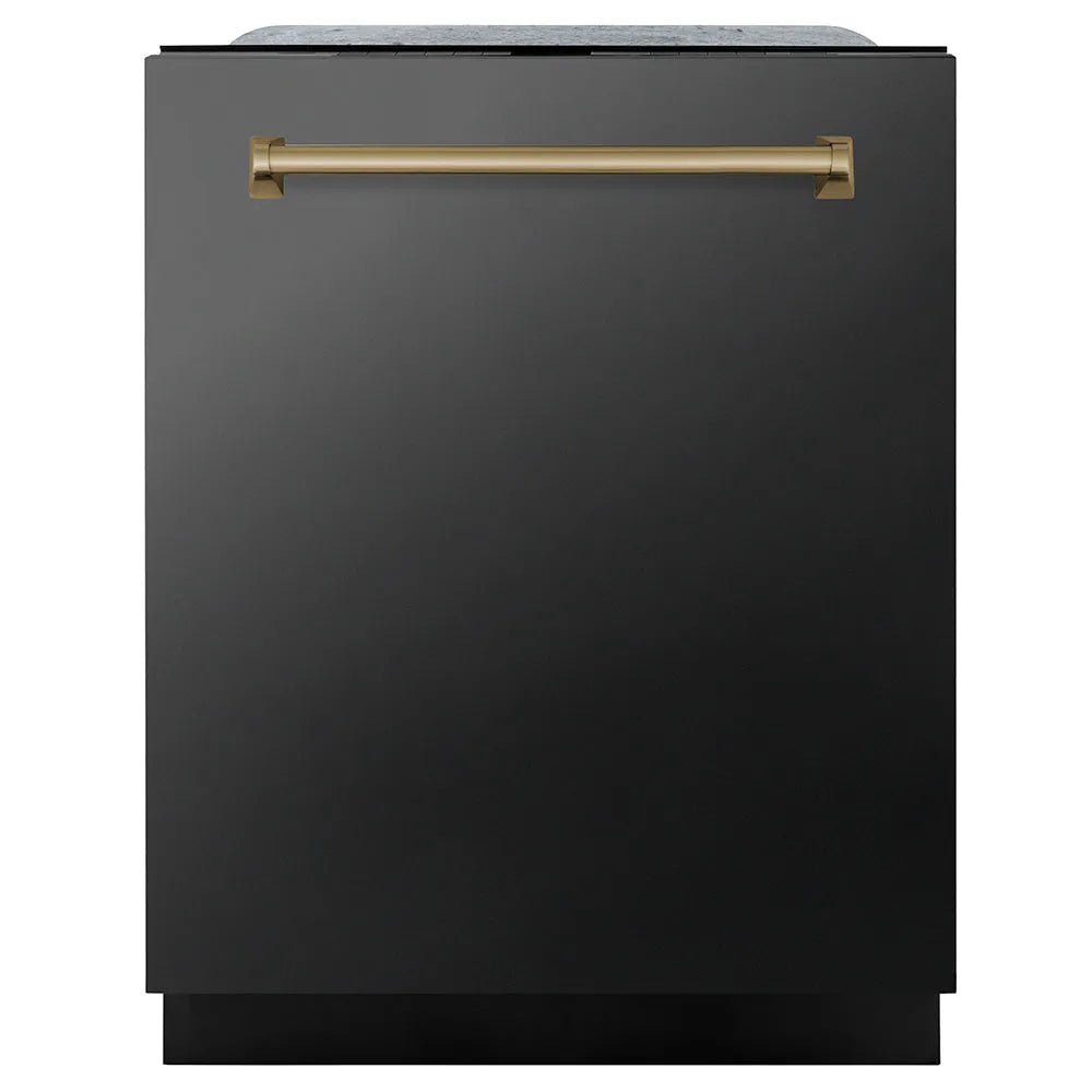ZLINE Autograph Edition 24 in. Monument Series 3rd Rack Dishwasher with Auto Door Open Drying, 44dBa, Black Stainless Steel Panel with Champagne Bronze Handle (DWMTZ-BS-24-CB) main image.
