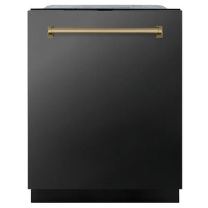 ZLINE Autograph Edition 24 in. Monument Series 3rd Rack Dishwasher with Auto Door Open Drying, 44dBa, Black Stainless Steel Panel with Champagne Bronze Handle (DWMTZ-BS-24-CB) main image.