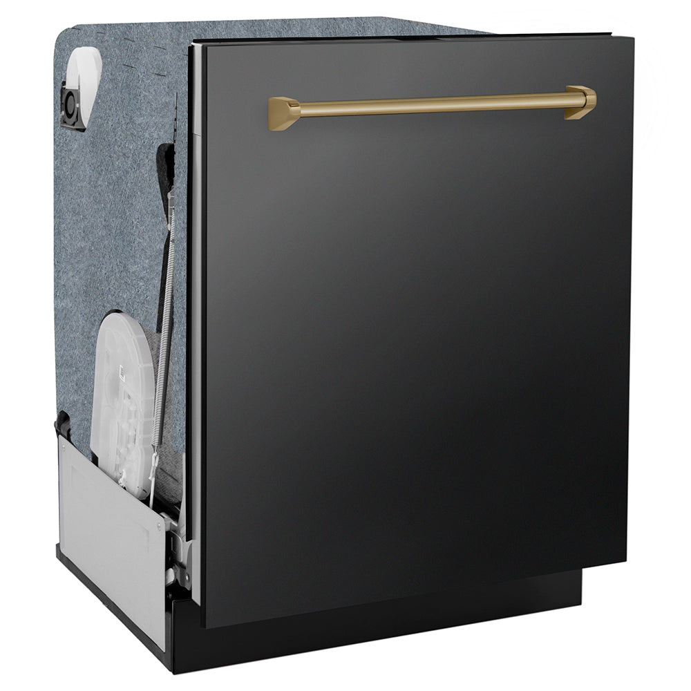 ZLINE Autograph Edition 24 in. Monument Series 3rd Rack Dishwasher with Auto Door Open Drying, 44dBa, Black Stainless Steel Panel with Champagne Bronze Handle (DWMTZ-BS-24-CB)