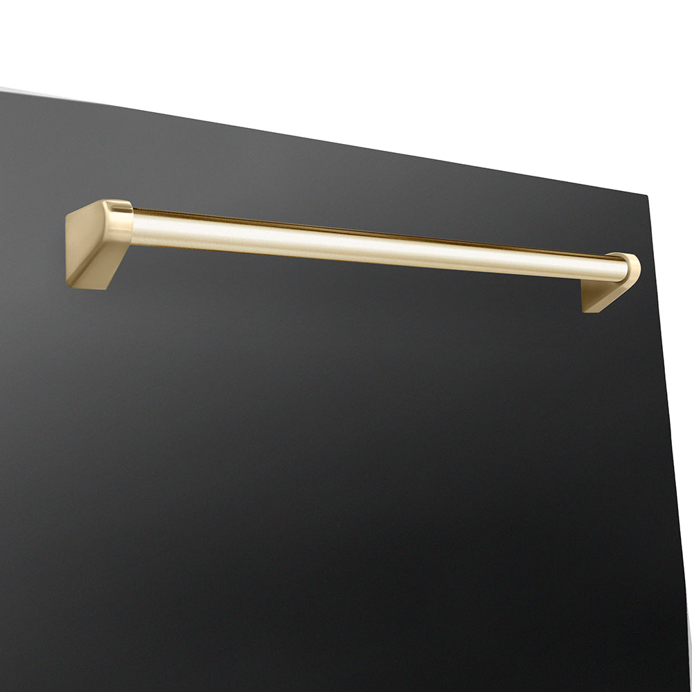 ZLINE Autograph Edition 24 in. Monument Series 3rd Rack Dishwasher with Auto Door Open Drying, 44dBa, Black Stainless Steel Panel with Polished Gold Handle (DWMTZ-BS-24-G) close-up, handle location.