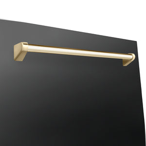 ZLINE Autograph Edition 24 in. Monument Series 3rd Rack Dishwasher with Auto Door Open Drying, 44dBa, Black Stainless Steel Panel with Polished Gold Handle (DWMTZ-BS-24-G) close-up, handle location.