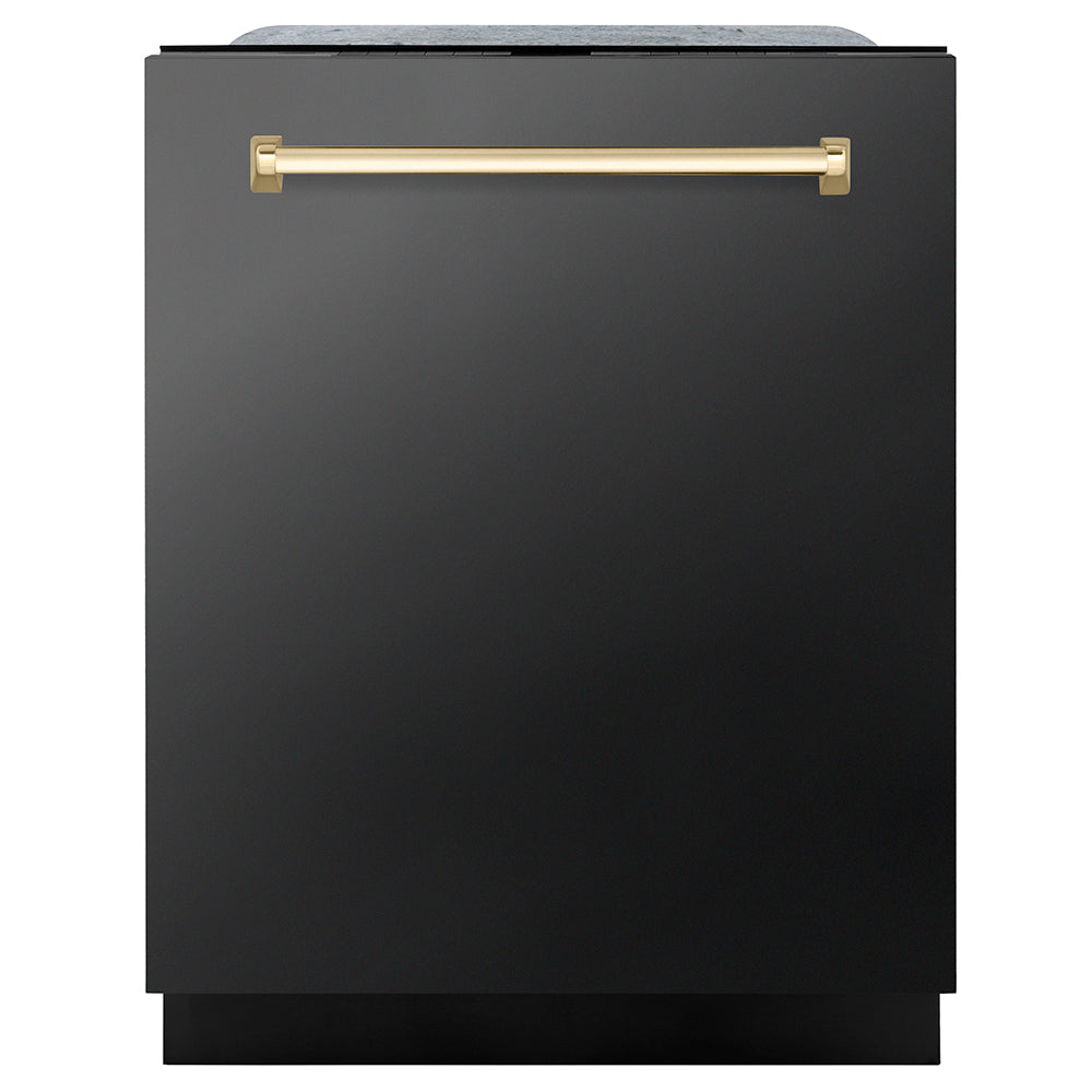 ZLINE Autograph Edition 24 in. Monument Series 3rd Rack Dishwasher with Auto Door Open Drying, 44dBa, Black Stainless Steel Panel with Polished Gold Handle (DWMTZ-BS-24-G) front, closed.