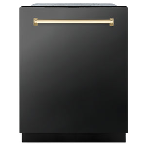 ZLINE Autograph Edition 24 in. Monument Series 3rd Rack Dishwasher with Auto Door Open Drying, 44dBa, Black Stainless Steel Panel with Polished Gold Handle (DWMTZ-BS-24-G) front, closed.