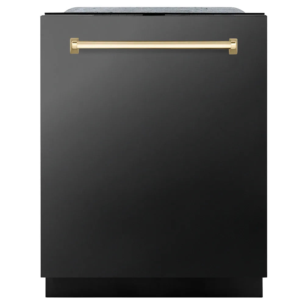 ZLINE Autograph Edition 24 in. Monument Series 3rd Rack Dishwasher with Auto Door Open Drying, 44dBa, Black Stainless Steel Panel with Polished Gold Handle (DWMTZ-BS-24-G) main image.