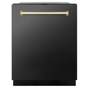 ZLINE Autograph Edition 24 in. Monument Series 3rd Rack Dishwasher with Auto Door Open Drying, 44dBa, Black Stainless Steel Panel with Polished Gold Handle (DWMTZ-BS-24-G) main image.
