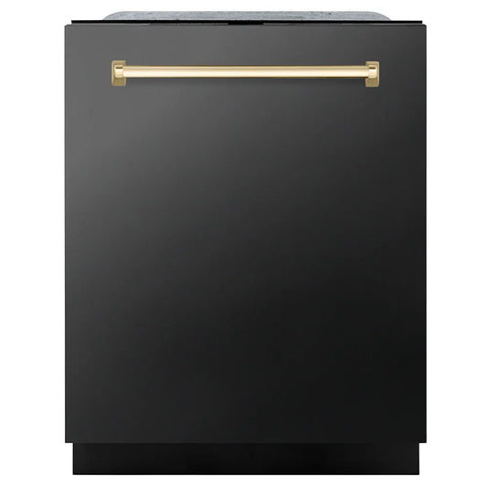 ZLINE Autograph Edition 24 in. Monument Series 3rd Rack Dishwasher with Auto Door Open Drying, 44dBa, Black Stainless Steel Panel with Polished Gold Handle (DWMTZ-BS-24-G) main image.