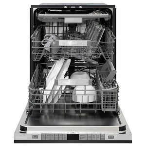 ZLINE Autograph Edition 24 in. Monument Series 3rd Rack Dishwasher with Auto Door Open Drying, 44dBa, Black Stainless Steel Panel with Champagne Bronze Helix Handle (DWMTZ-BS-24-KCB) front, open, with dishes loaded inside.