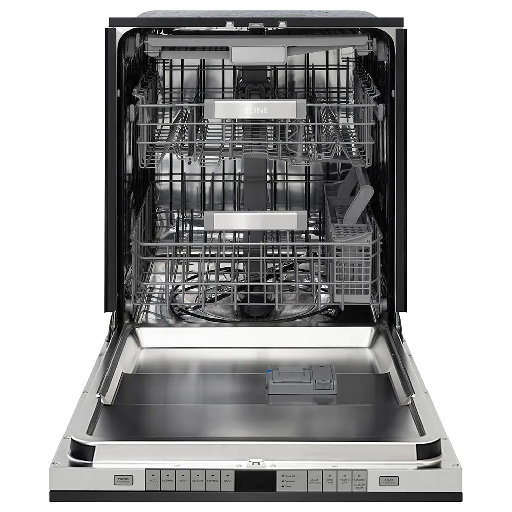 ZLINE Autograph Edition 24 in. Monument Series 3rd Rack Dishwasher with Auto Door Open Drying, 44dBa, Black Stainless Steel Panel with Champagne Bronze Helix Handle (DWMTZ-BS-24-KCB) front, open.
