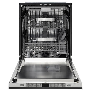 ZLINE Autograph Edition 24 in. Monument Series 3rd Rack Dishwasher with Auto Door Open Drying, 44dBa, Black Stainless Steel Panel with Champagne Bronze Helix Handle (DWMTZ-BS-24-KCB) front, open.