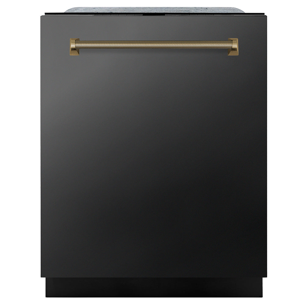 ZLINE Autograph Edition 24 in. Monument Series 3rd Rack Dishwasher with Auto Door Open Drying, 44dBa, Black Stainless Steel Panel with Champagne Bronze Helix Handle (DWMTZ-BS-24-KCB) front, closed.