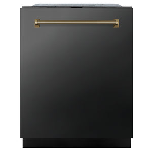 ZLINE Autograph Edition 24 in. Monument Series 3rd Rack Dishwasher with Auto Door Open Drying, 44dBa, Black Stainless Steel Panel with Champagne Bronze Helix Handle (DWMTZ-BS-24-KCB) front, closed.