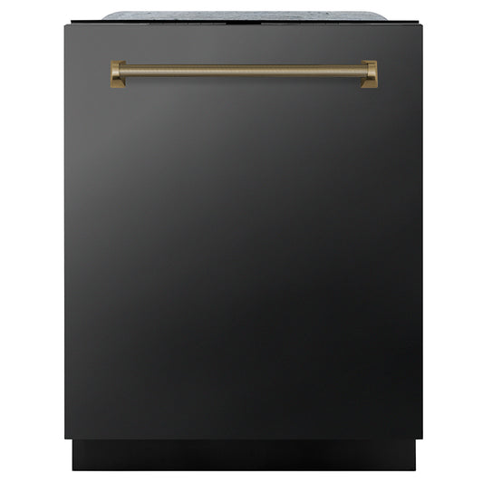 ZLINE Autograph Edition 24 in. Monument Series 3rd Rack Dishwasher with Auto Door Open Drying, 44dBa, Black Stainless Steel Panel with Champagne Bronze Helix Handle (DWMTZ-BS-24-KCB)
