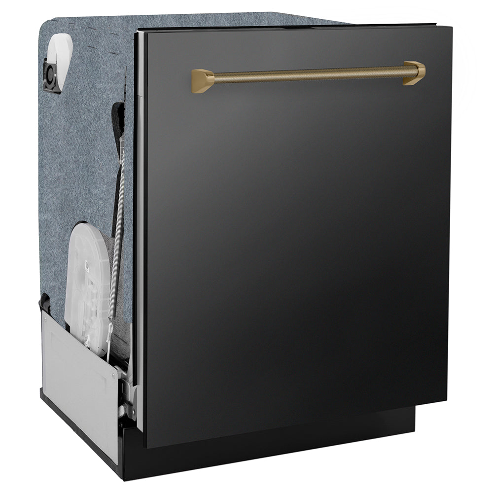 ZLINE Autograph Edition 24 in. Monument Series 3rd Rack Dishwasher with Auto Door Open Drying, 44dBa, Black Stainless Steel Panel with Champagne Bronze Helix Handle (DWMTZ-BS-24-KCB) side, closed.