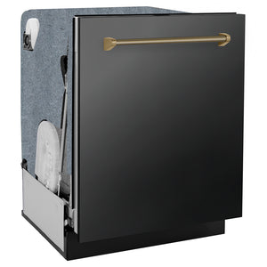 ZLINE Autograph Edition 24 in. Monument Series 3rd Rack Dishwasher with Auto Door Open Drying, 44dBa, Black Stainless Steel Panel with Champagne Bronze Helix Handle (DWMTZ-BS-24-KCB) side, closed.