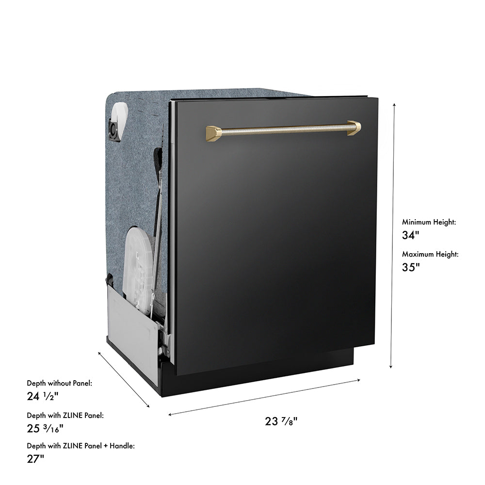 ZLINE Autograph Edition 24 in. Monument Series 3rd Rack Dishwasher with Auto Door Open Drying, 44dBa, Black Stainless Steel Panel with Polished Gold Helix Handle (DWMTZ-BS-24-KG) dimensional diagram.
