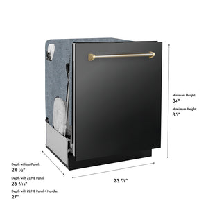 ZLINE Autograph Edition 24 in. Monument Series 3rd Rack Dishwasher with Auto Door Open Drying, 44dBa, Black Stainless Steel Panel with Polished Gold Helix Handle (DWMTZ-BS-24-KG) dimensional diagram.