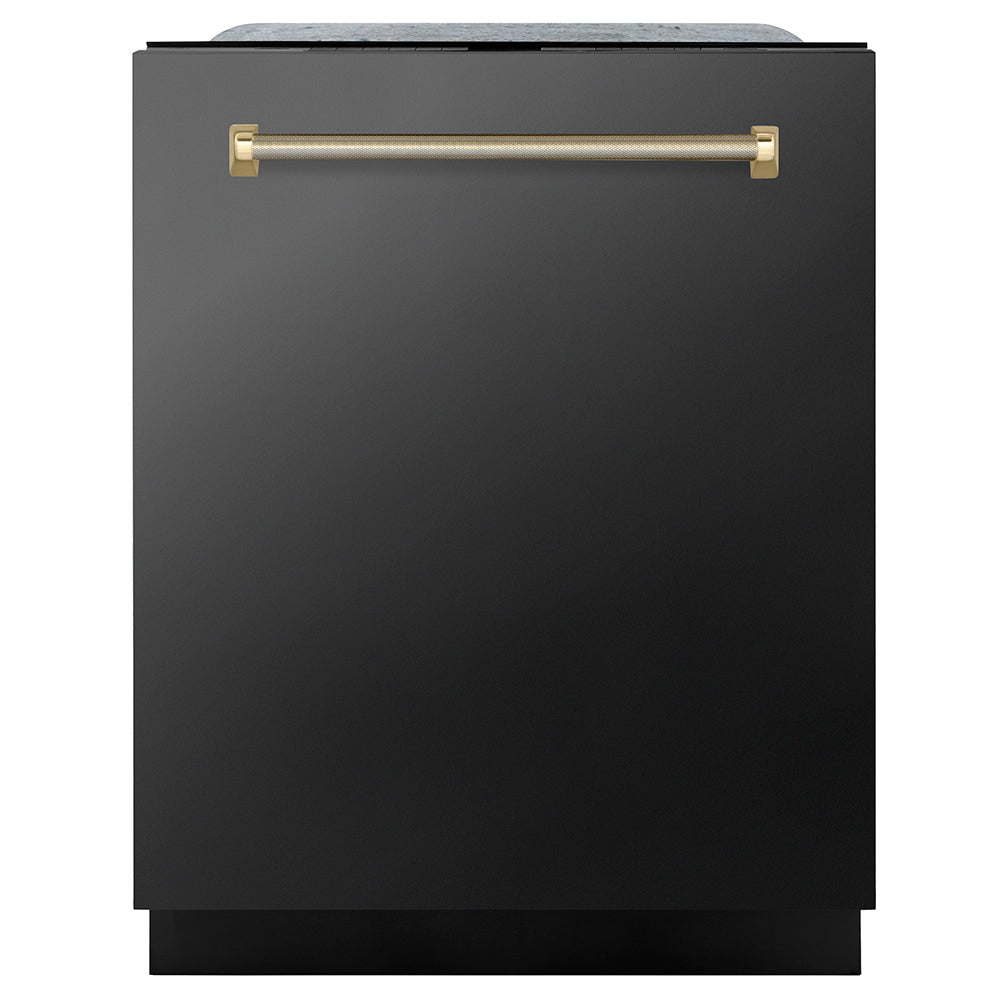 ZLINE Autograph Edition 24 in. Monument Series 3rd Rack Dishwasher with Auto Door Open Drying, 44dBa, Black Stainless Steel Panel with Polished Gold Helix Handle (DWMTZ-BS-24-KG) front, closed.