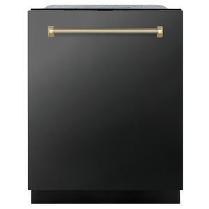 ZLINE Autograph Edition 24 in. Monument Series 3rd Rack Dishwasher with Auto Door Open Drying, 44dBa, Black Stainless Steel Panel with Polished Gold Helix Handle (DWMTZ-BS-24-KG) front, closed.