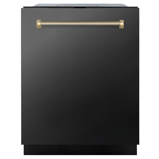 ZLINE Autograph Edition 24 in. Monument Series 3rd Rack Dishwasher with Auto Door Open Drying, 44dBa, Black Stainless Steel Panel with Polished Gold Helix Handle (DWMTZ-BS-24-KG)