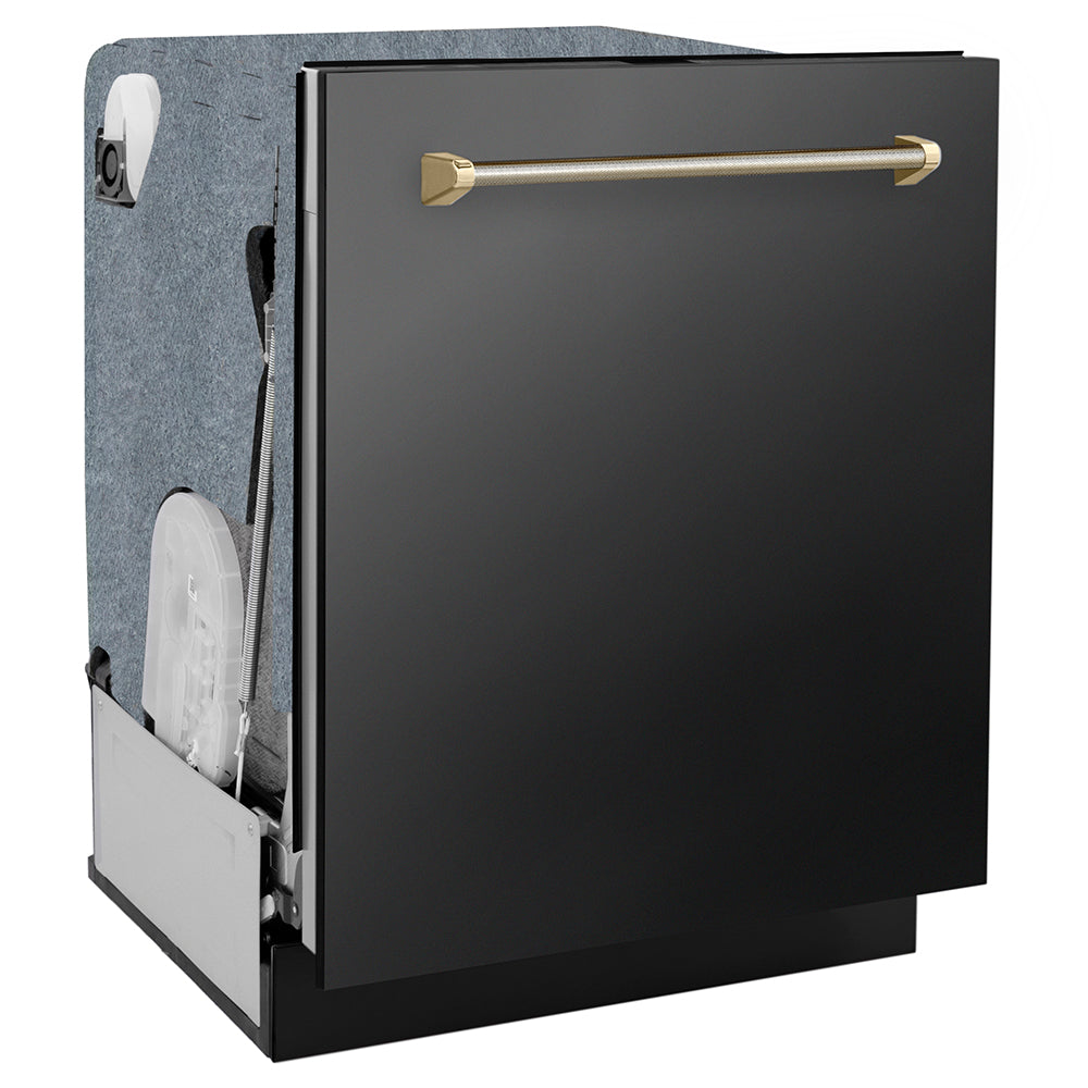 ZLINE Autograph Edition 24 in. Monument Series 3rd Rack Dishwasher with Auto Door Open Drying, 44dBa, Black Stainless Steel Panel with Polished Gold Helix Handle (DWMTZ-BS-24-KG) side, closed.