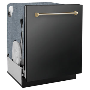 ZLINE Autograph Edition 24 in. Monument Series 3rd Rack Dishwasher with Auto Door Open Drying, 44dBa, Black Stainless Steel Panel with Polished Gold Helix Handle (DWMTZ-BS-24-KG) side, closed.