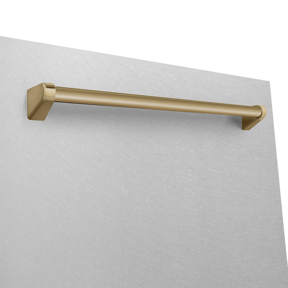 ZLINE Autograph Edition 24 in. Monument Series 3rd Rack Dishwasher with Auto Door Open Drying, 44dBa, Satin Stainless Steel Panel with Champagne Bronze Handle (DWMTZ-SN-24-CB) close-up, handle location.