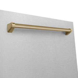 ZLINE Autograph Edition 24 in. Monument Series 3rd Rack Dishwasher with Auto Door Open Drying, 44dBa, Satin Stainless Steel Panel with Champagne Bronze Handle (DWMTZ-SN-24-CB) close-up, handle location.