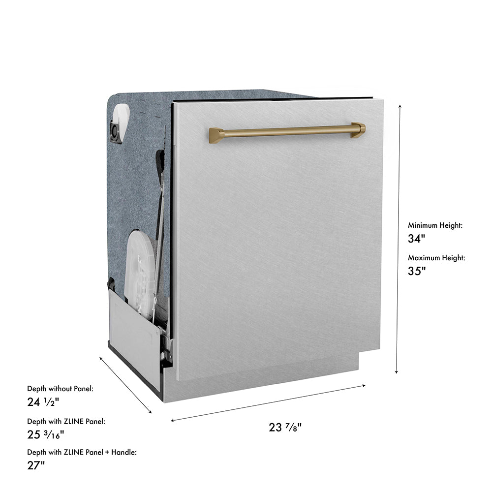 ZLINE Autograph Edition 24 in. Monument Series 3rd Rack Dishwasher with Auto Door Open Drying, 44dBa, Satin Stainless Steel Panel with Champagne Bronze Handle (DWMTZ-SN-24-CB) dimensional diagram.