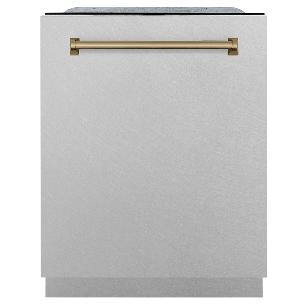 ZLINE Autograph Edition 24 in. Monument Series 3rd Rack Dishwasher with Auto Door Open Drying, 44dBa, Satin Stainless Steel Panel with Champagne Bronze Handle (DWMTZ-SN-24-CB) front, closed.