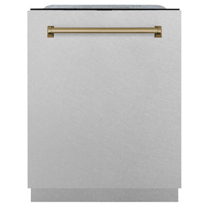 ZLINE Autograph Edition 24 in. Monument Series 3rd Rack Dishwasher with Auto Door Open Drying, 44dBa, Satin Stainless Steel Panel with Champagne Bronze Handle (DWMTZ-SN-24-CB) front, closed.