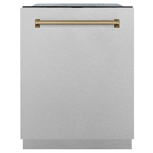 ZLINE Autograph Edition 24 in. Monument Series 3rd Rack Dishwasher with Auto Door Open Drying, 44dBa, Satin Stainless Steel Panel with Champagne Bronze Handle (DWMTZ-SN-24-CB) front, closed.
