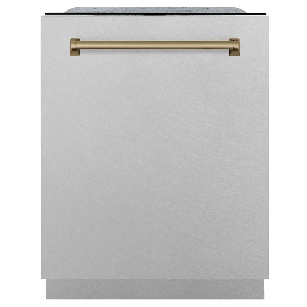 ZLINE Autograph Edition 24 in. Monument Series 3rd Rack Dishwasher with Auto Door Open Drying, 44dBa, Satin Stainless Steel Panel with Champagne Bronze Handle (DWMTZ-SN-24-CB) main image.