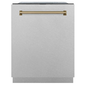 ZLINE Autograph Edition 24 in. Monument Series 3rd Rack Dishwasher with Auto Door Open Drying, 44dBa, Satin Stainless Steel Panel with Champagne Bronze Handle (DWMTZ-SN-24-CB) main image.