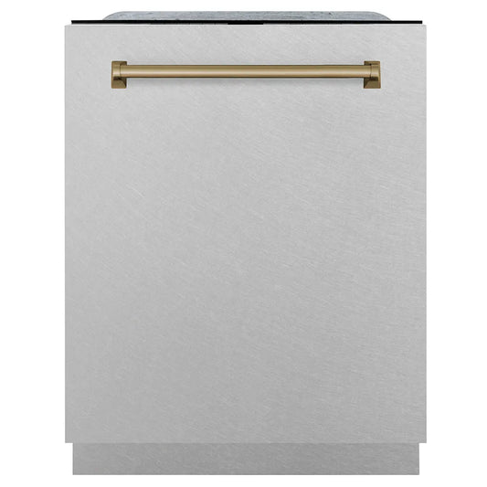 ZLINE Autograph Edition 24 in. Monument Series 3rd Rack Dishwasher with Auto Door Open Drying, 44dBa, Satin Stainless Steel Panel with Champagne Bronze Handle (DWMTZ-SN-24-CB) main image.