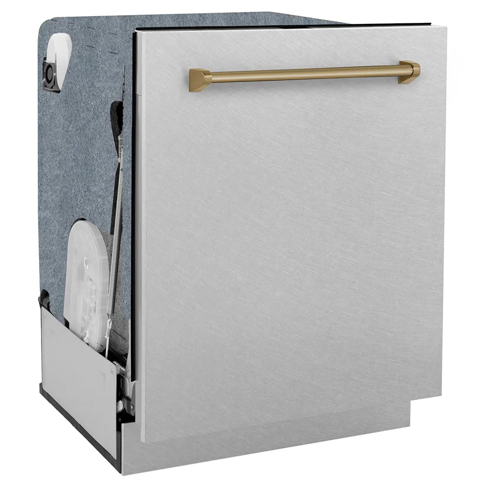 ZLINE Autograph Edition 24 in. Monument Series 3rd Rack Dishwasher with Auto Door Open Drying, 44dBa, Satin Stainless Steel Panel with Champagne Bronze Handle (DWMTZ-SN-24-CB) side, closed.